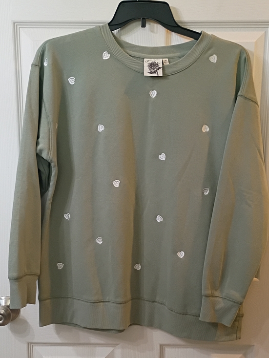 Joei & I Tops - Women's Sage Green Heart Embroidered Crewneck Sweatshirt